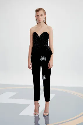 16101 Black Strapless Velvet Jumpsuit