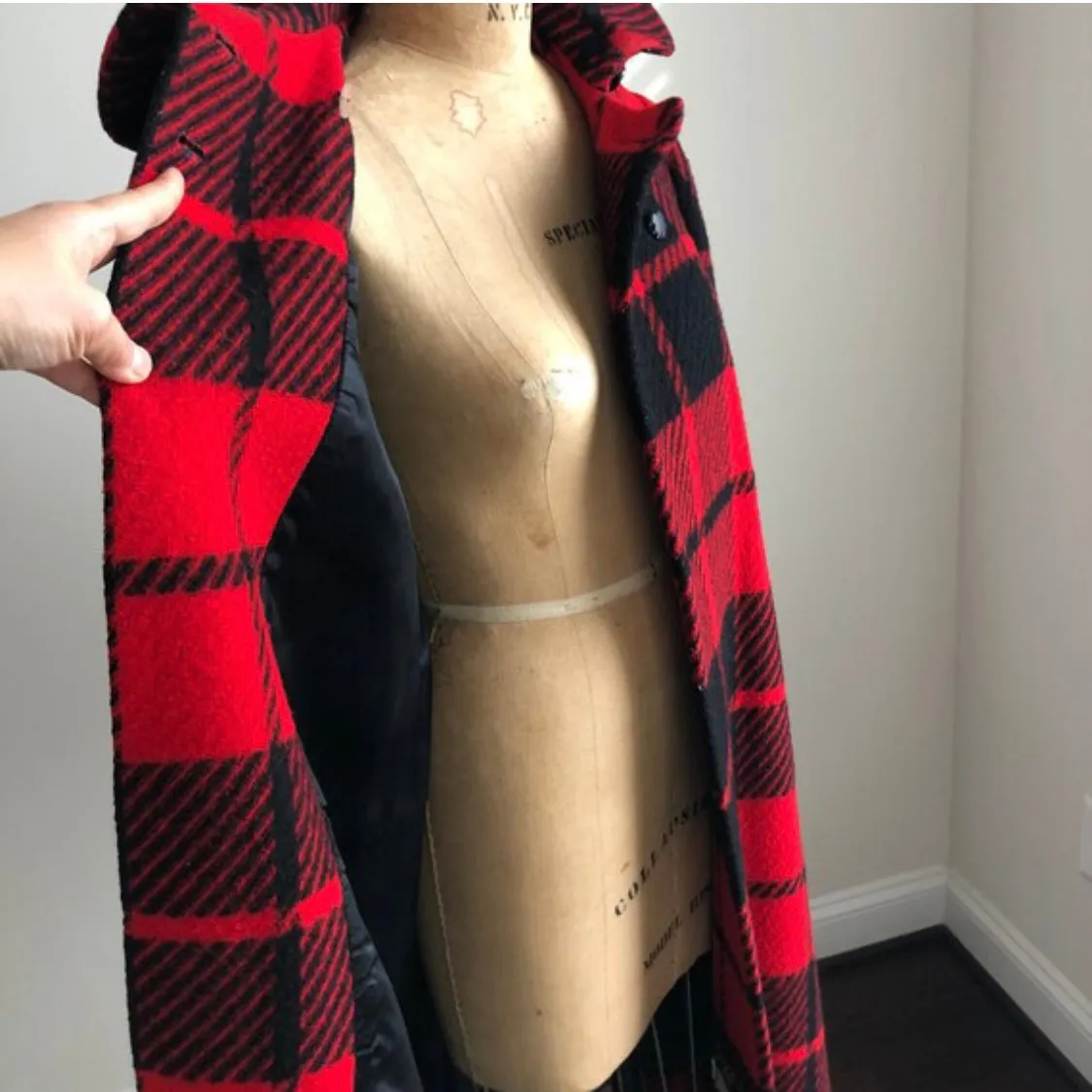 1950s Buffalo Plaid Wool Cost with Peter Pan Collar and Patent Black Belt