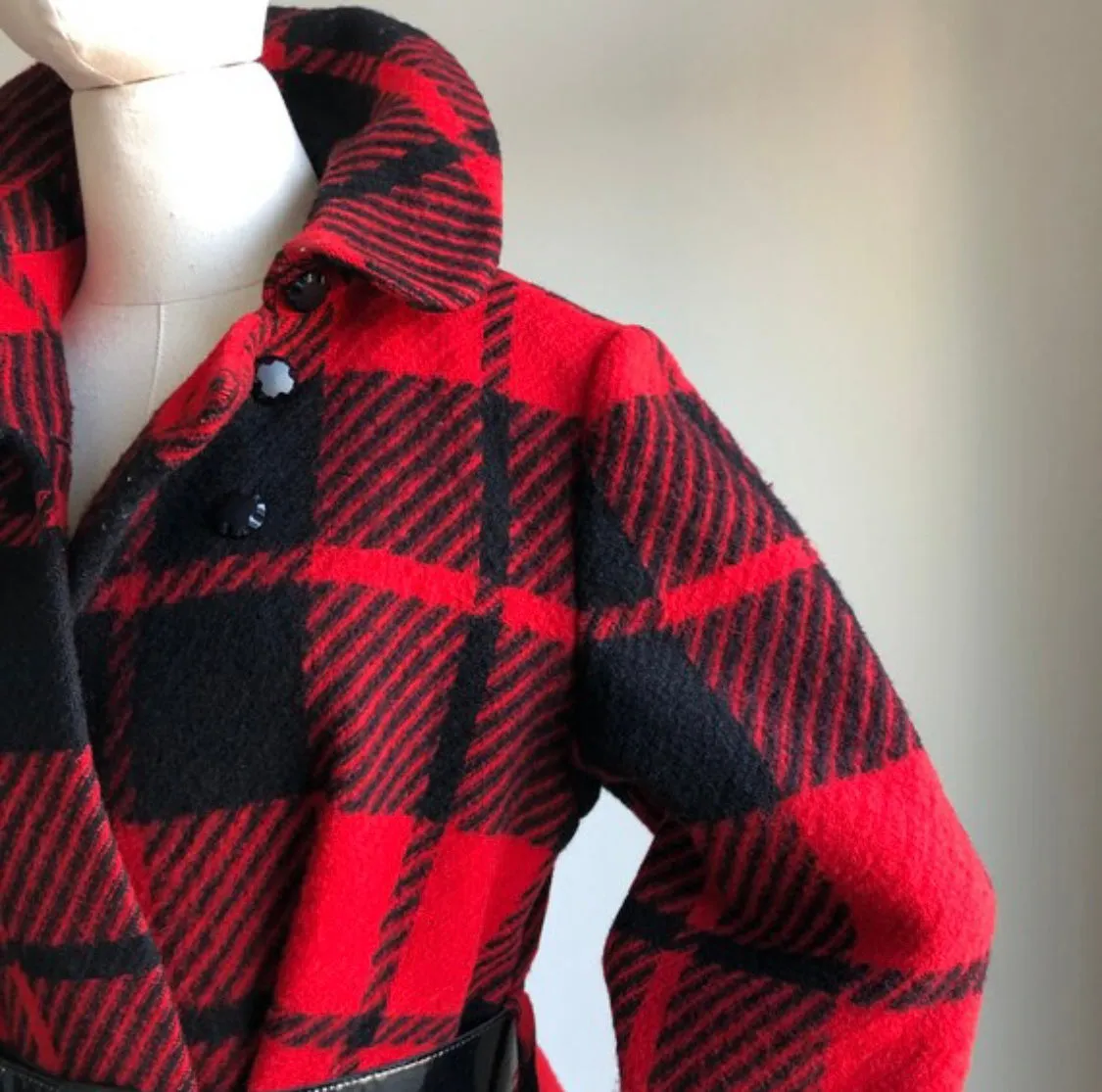 1950s Buffalo Plaid Wool Cost with Peter Pan Collar and Patent Black Belt