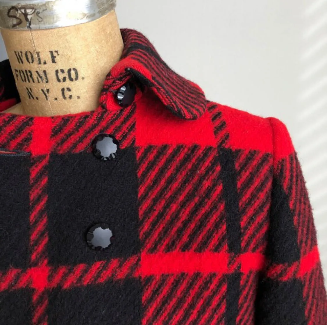 1950s Buffalo Plaid Wool Cost with Peter Pan Collar and Patent Black Belt