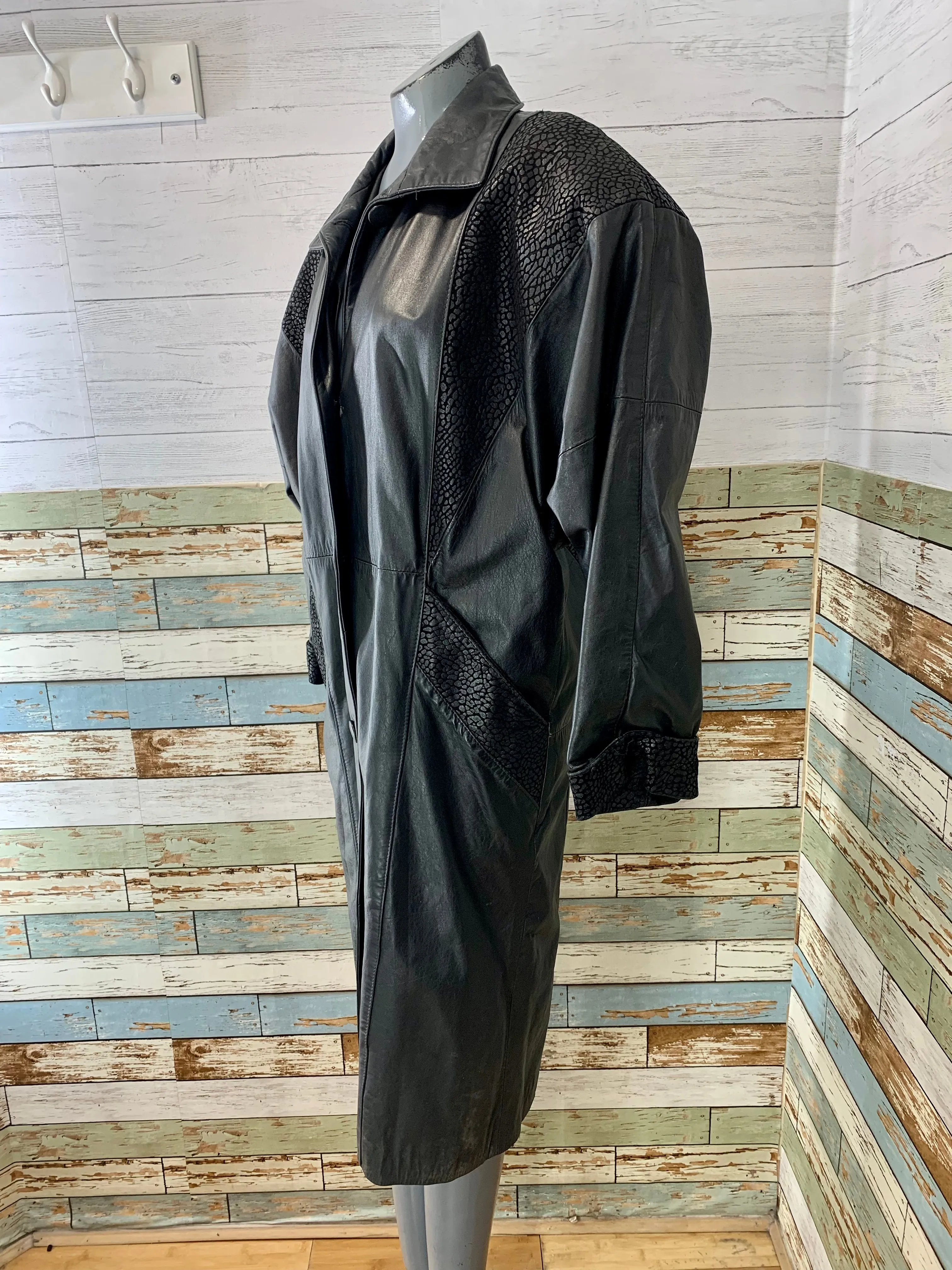 90’s Black Long Leather Coat with Textured Crackel