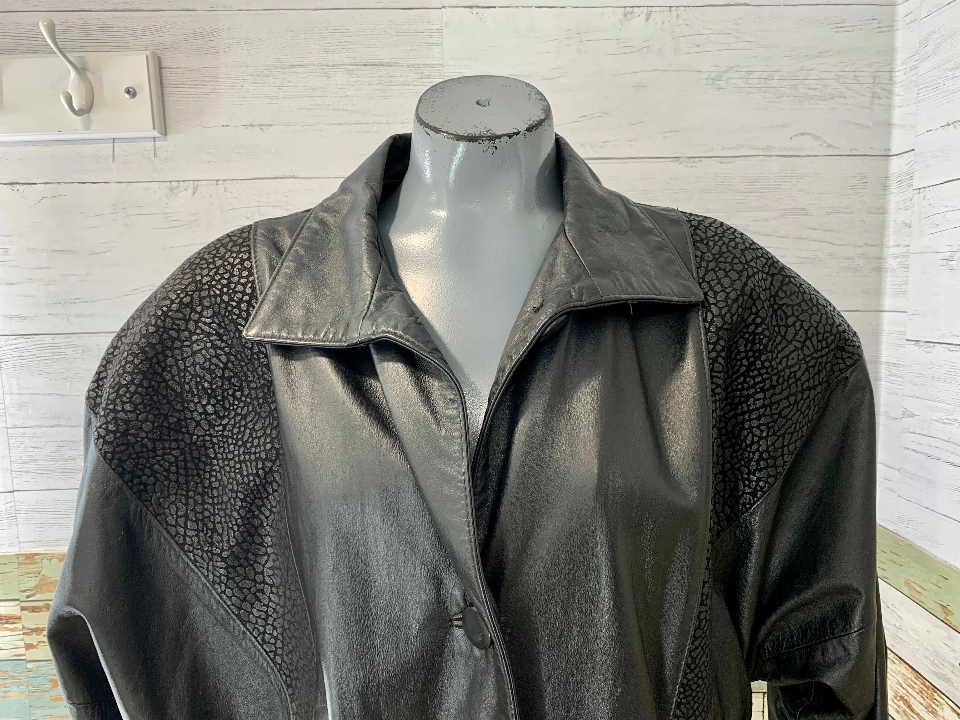 90’s Black Long Leather Coat with Textured Crackel