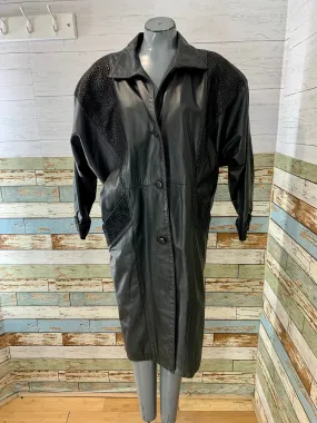 90’s Black Long Leather Coat with Textured Crackel