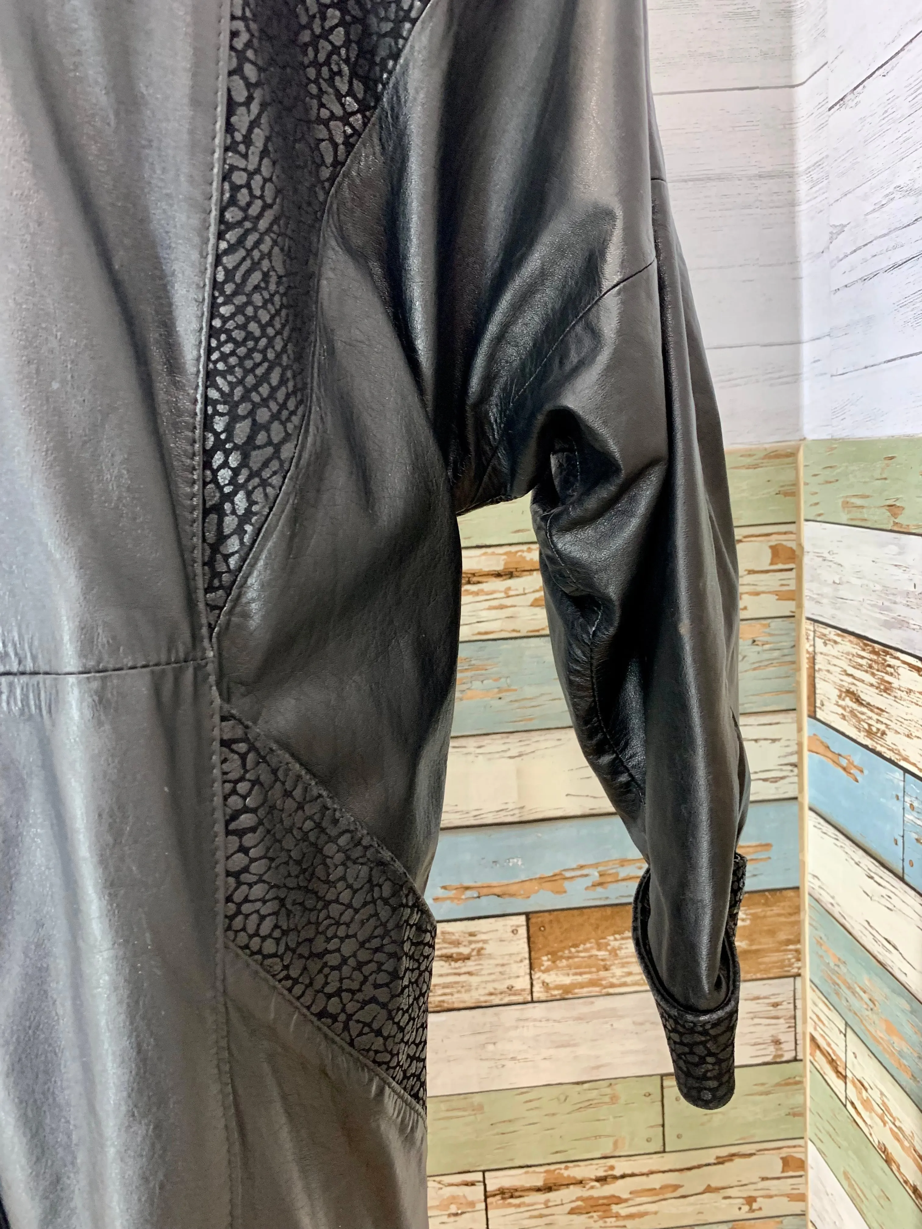 90’s Black Long Leather Coat with Textured Crackel