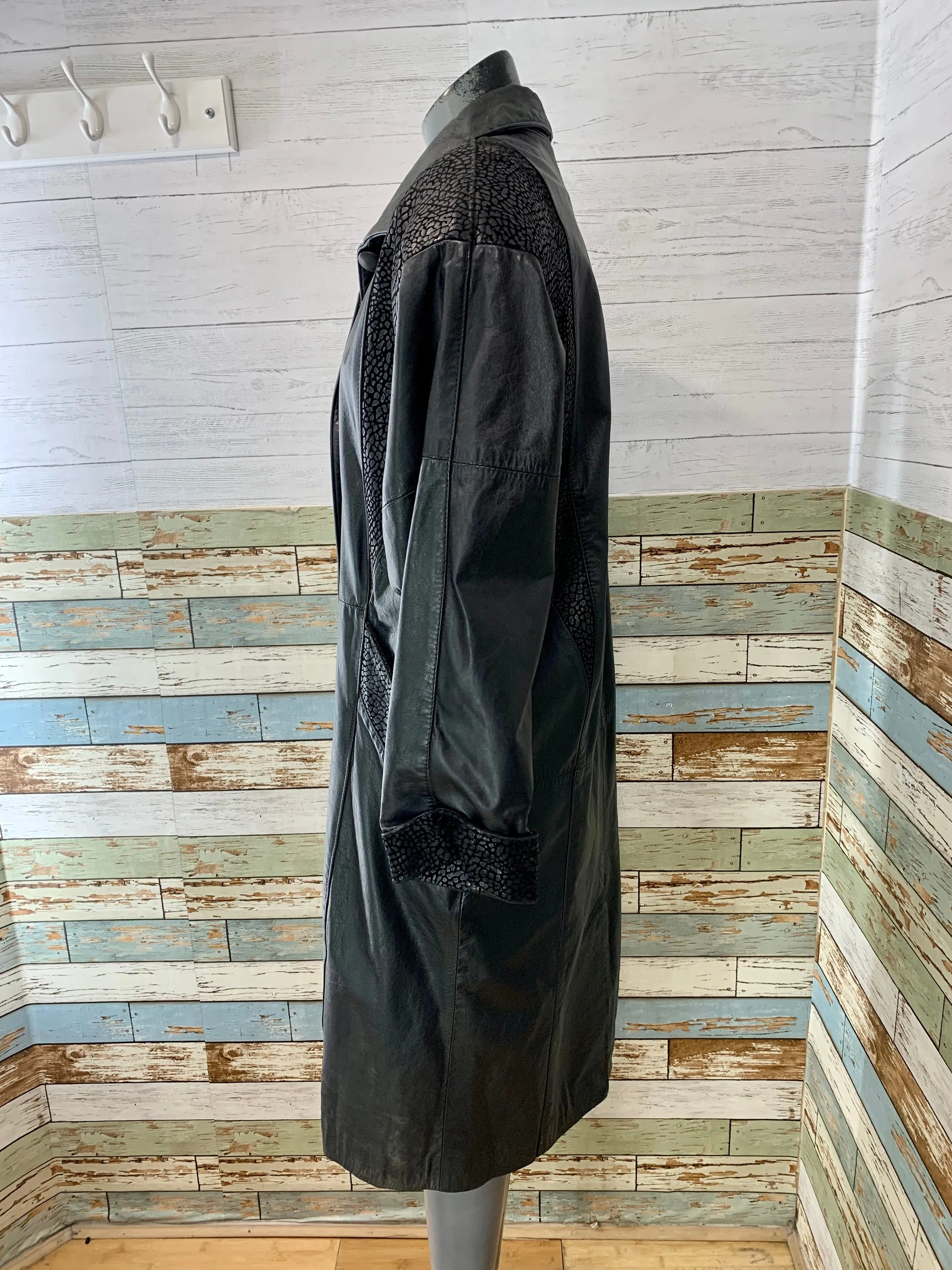 90’s Black Long Leather Coat with Textured Crackel