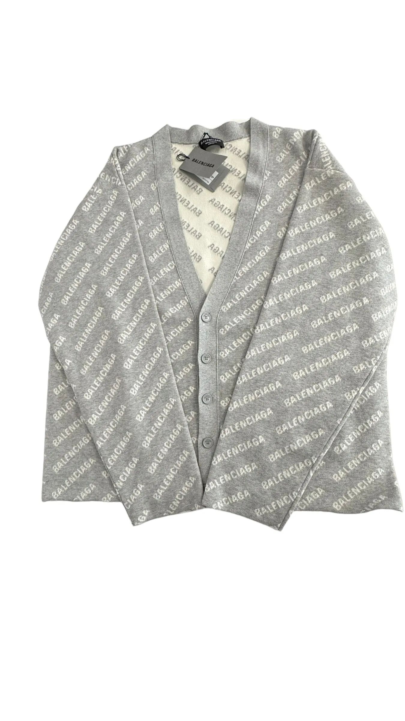 Balenciaga Allover Logo V- Neck Cardigan Grey- Unisex Oversized Fit