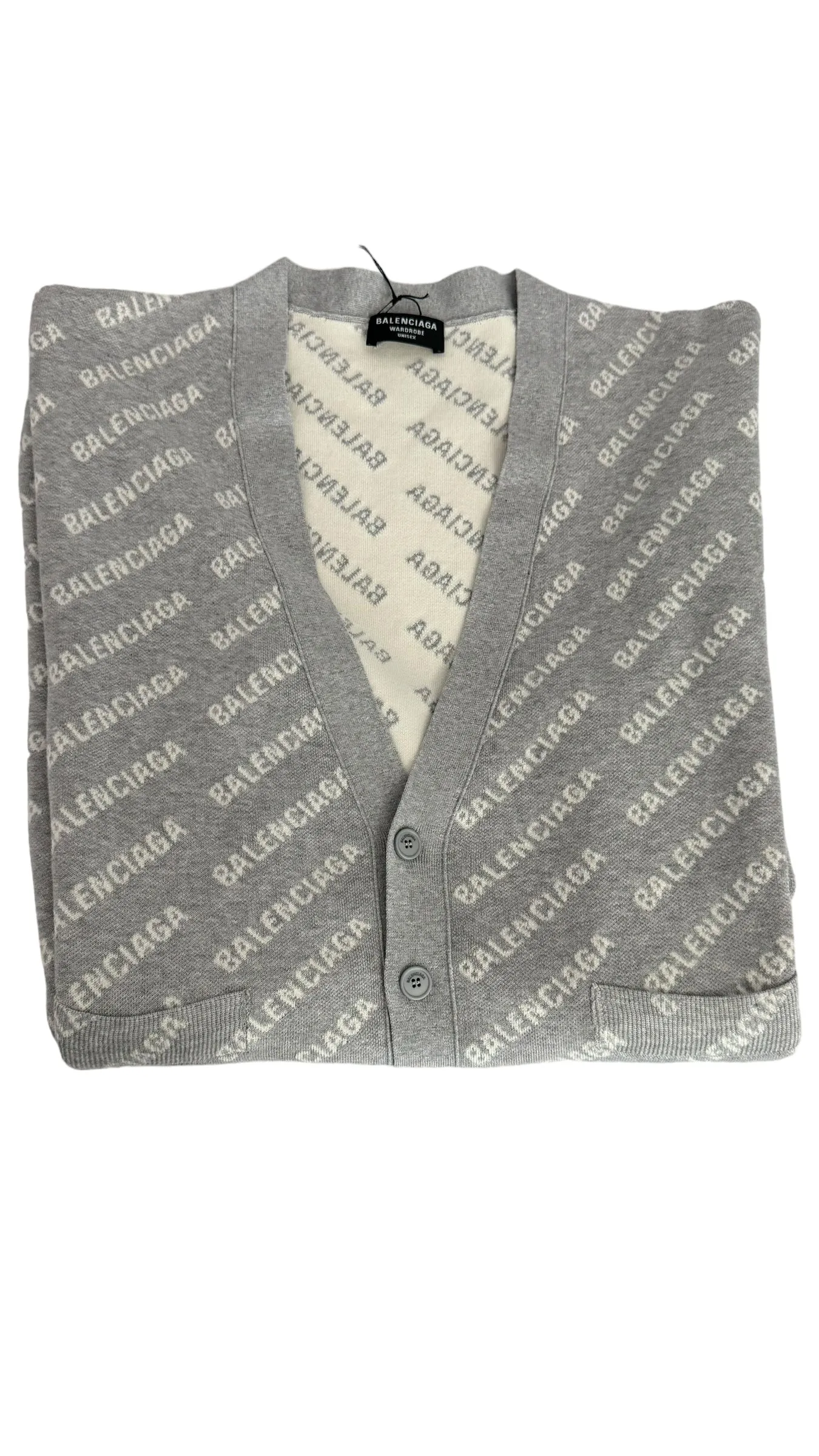 Balenciaga Allover Logo V- Neck Cardigan Grey- Unisex Oversized Fit
