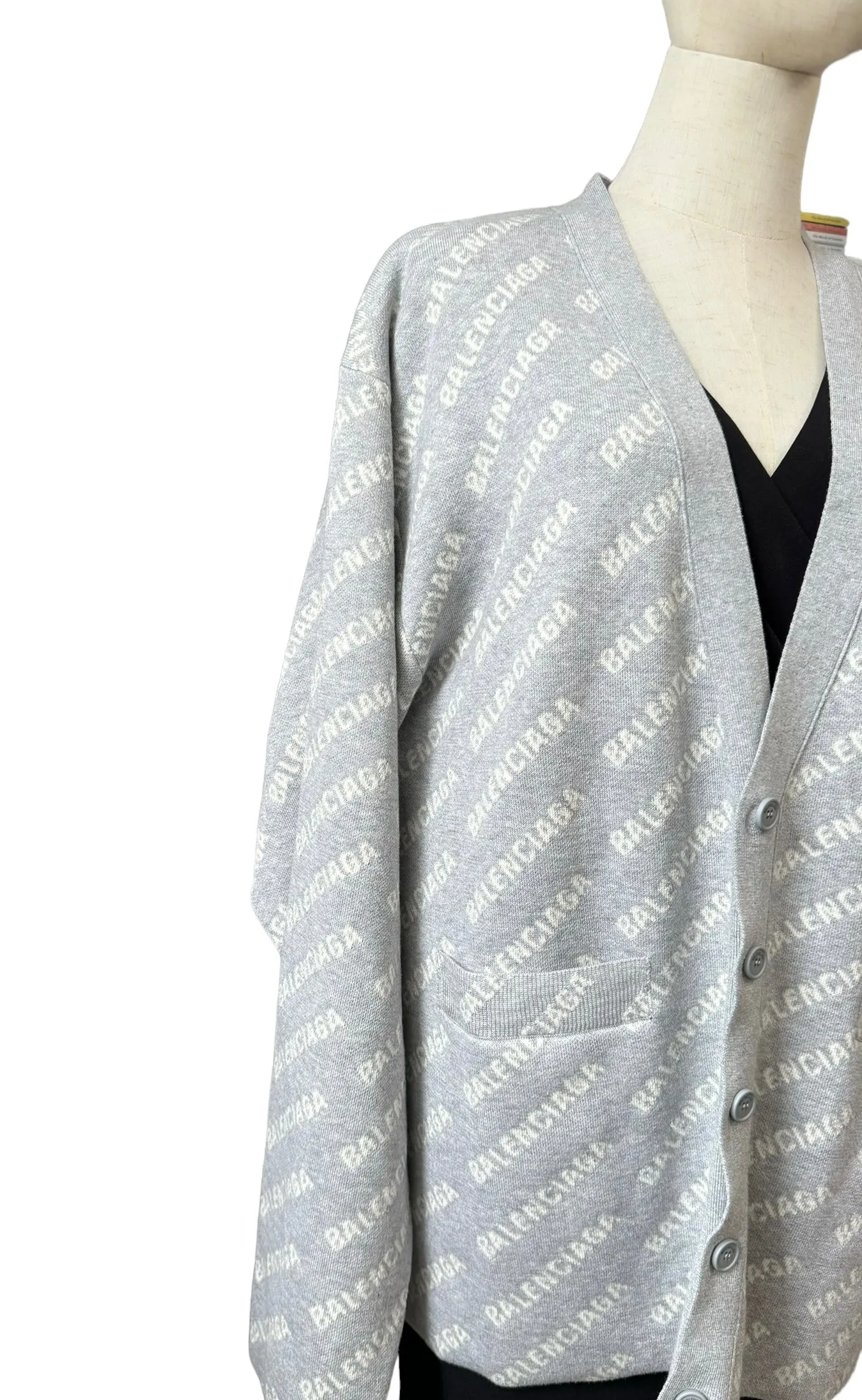 Balenciaga Allover Logo V- Neck Cardigan Grey- Unisex Oversized Fit