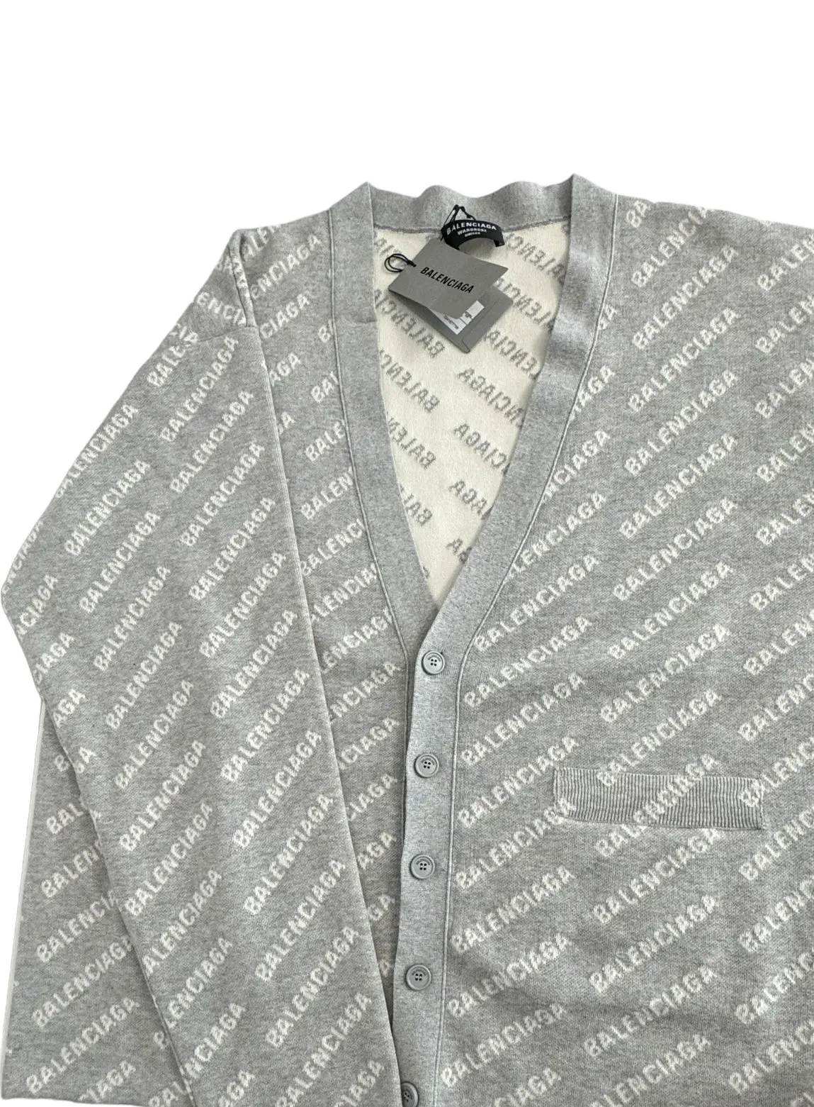 Balenciaga Allover Logo V- Neck Cardigan Grey- Unisex Oversized Fit
