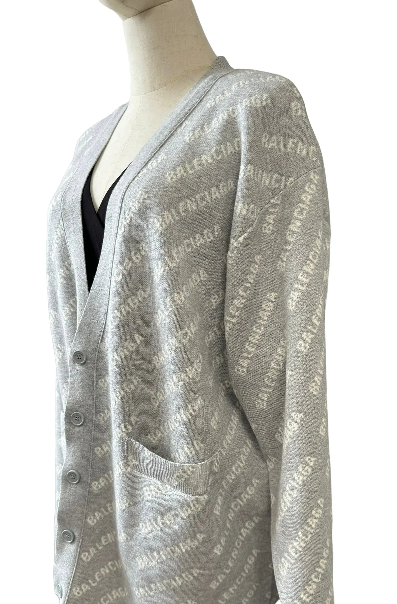 Balenciaga Allover Logo V- Neck Cardigan Grey- Unisex Oversized Fit