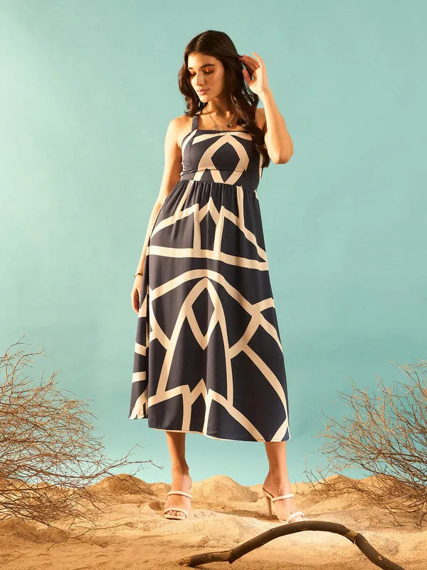 Berrylush Women Navy Blue & White Geometric Printed Square Neck Crisscross Cutout Back Pleated Midi Dress