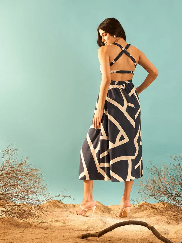 Berrylush Women Navy Blue & White Geometric Printed Square Neck Crisscross Cutout Back Pleated Midi Dress