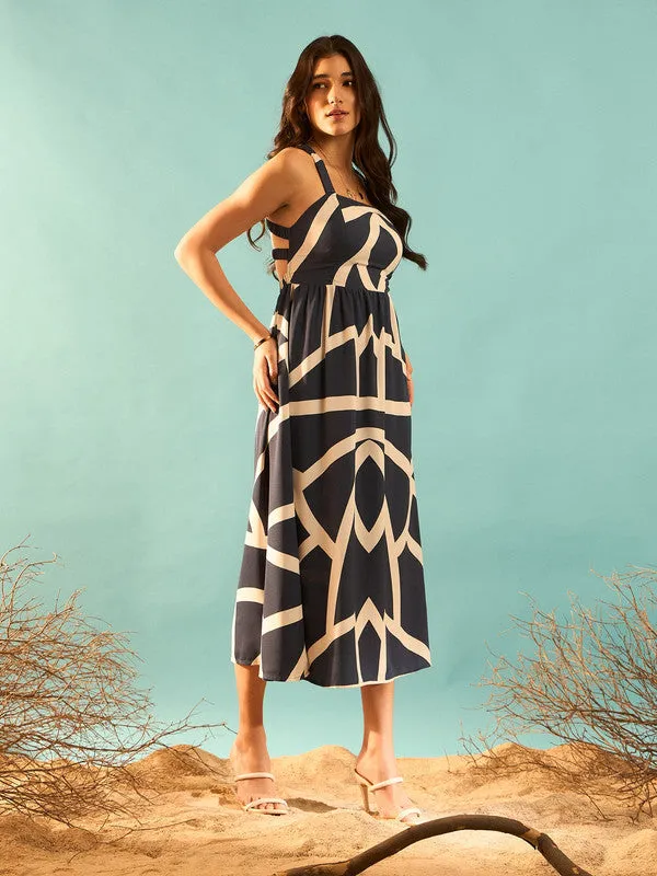 Berrylush Women Navy Blue & White Geometric Printed Square Neck Crisscross Cutout Back Pleated Midi Dress