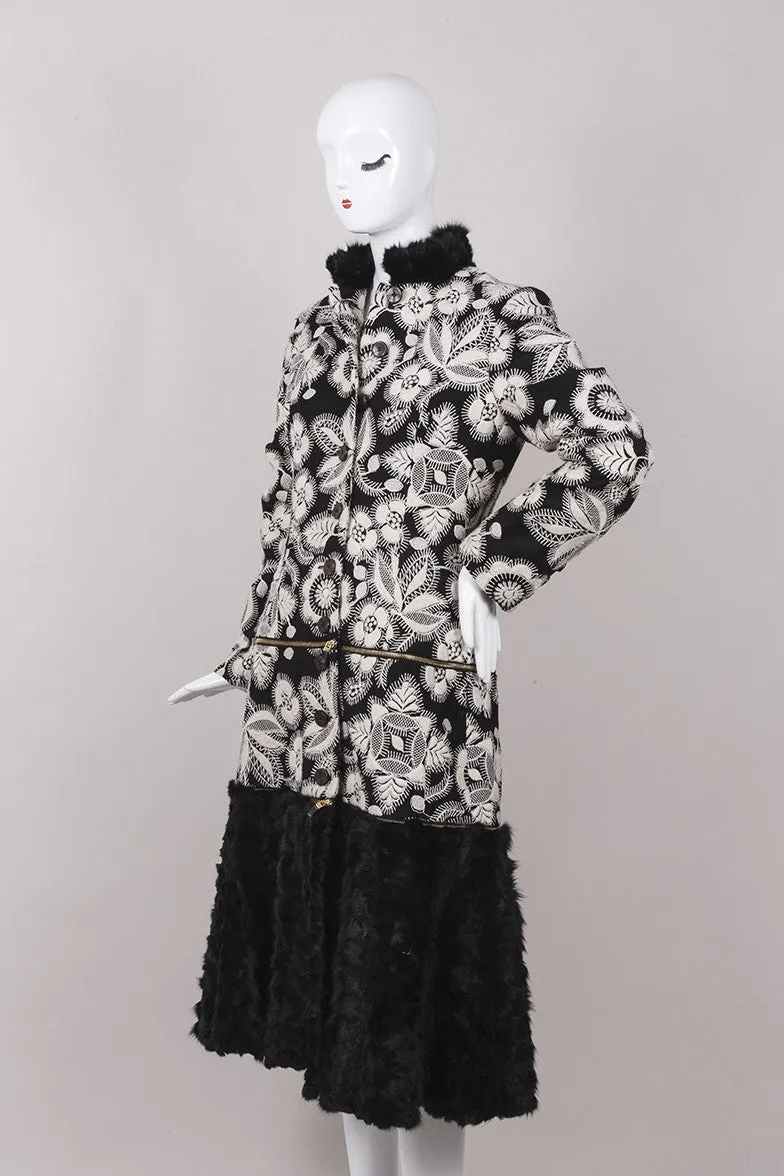 Black and Cream Wool Coat With Rabbit Fur Trim