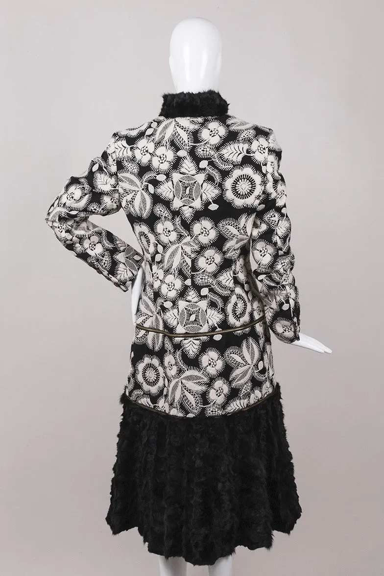 Black and Cream Wool Coat With Rabbit Fur Trim