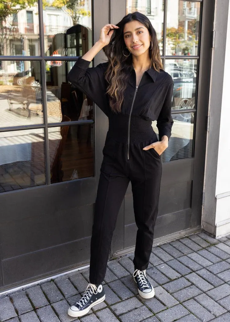 Bobi Smocked Waist Jumpsuit -Black