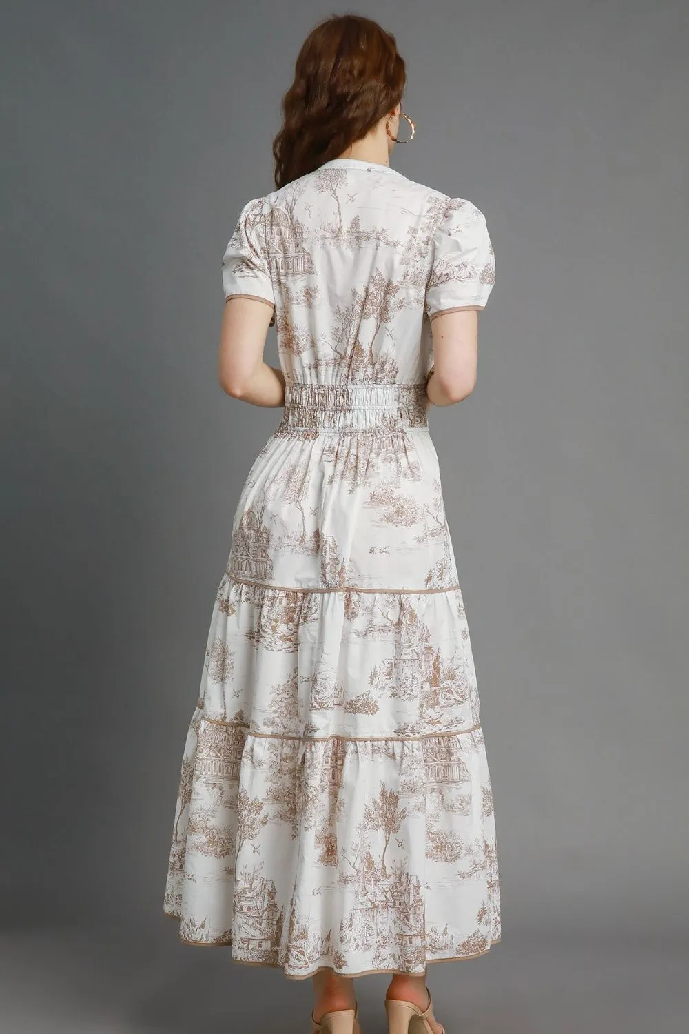 Brown and White Landscape Print Tiered Maxi Dress