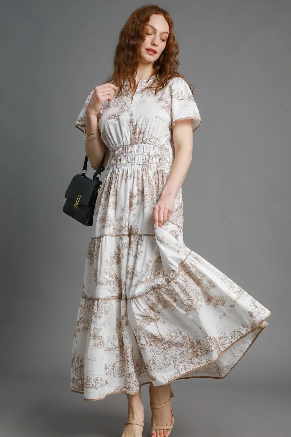 Brown and White Landscape Print Tiered Maxi Dress