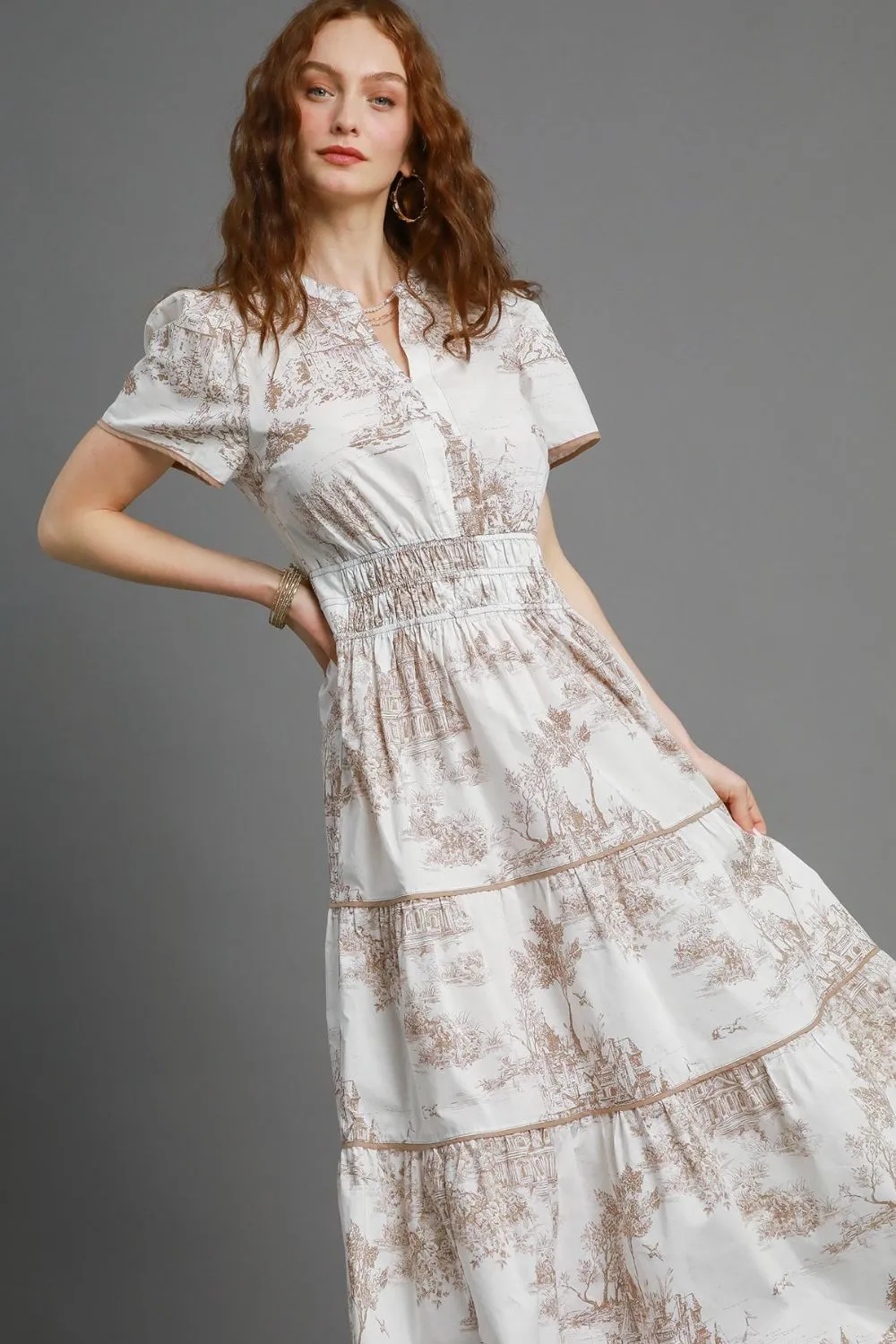 Brown and White Landscape Print Tiered Maxi Dress