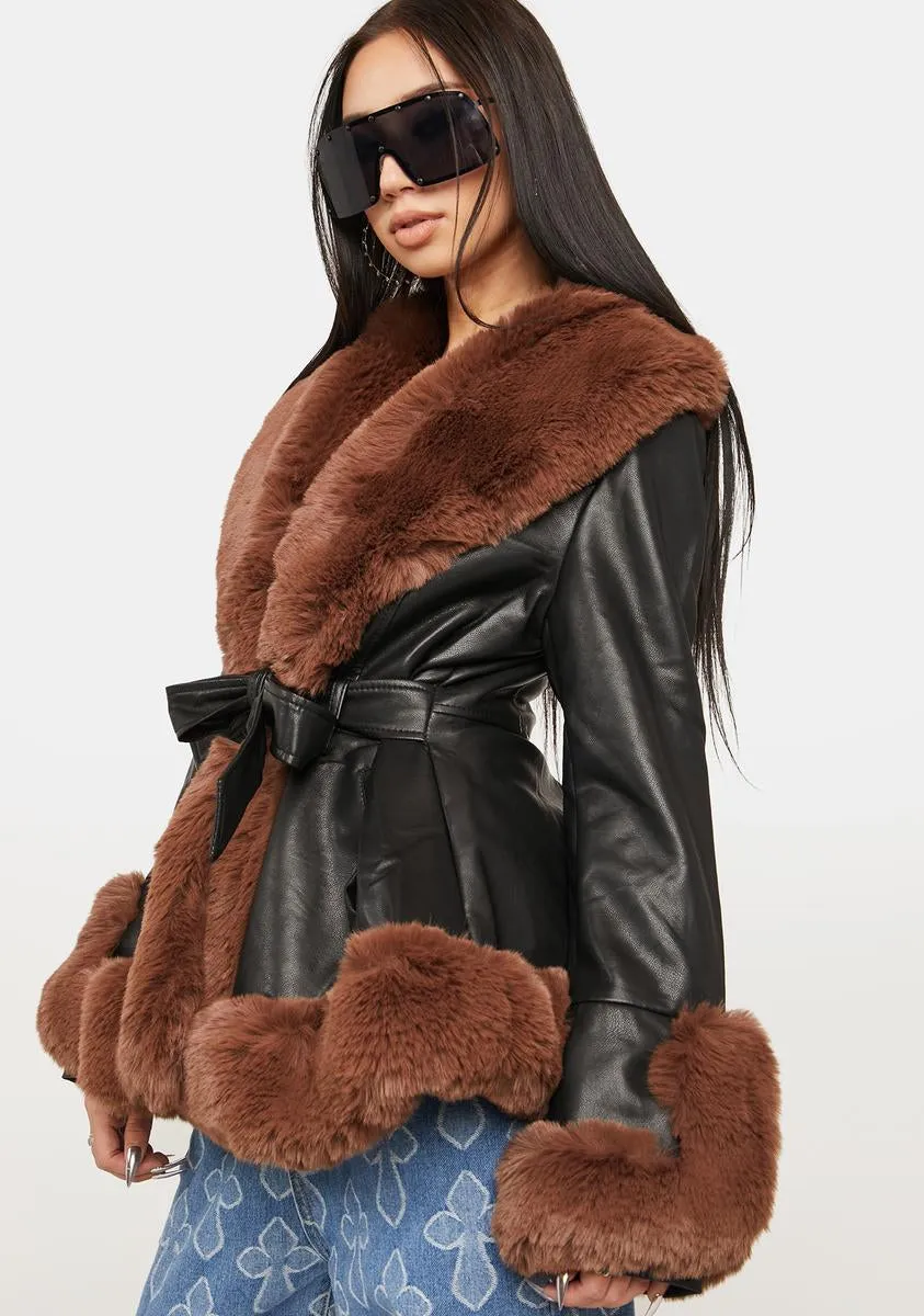 Brown Kenzy Faux Fur Trim Peplum Coat