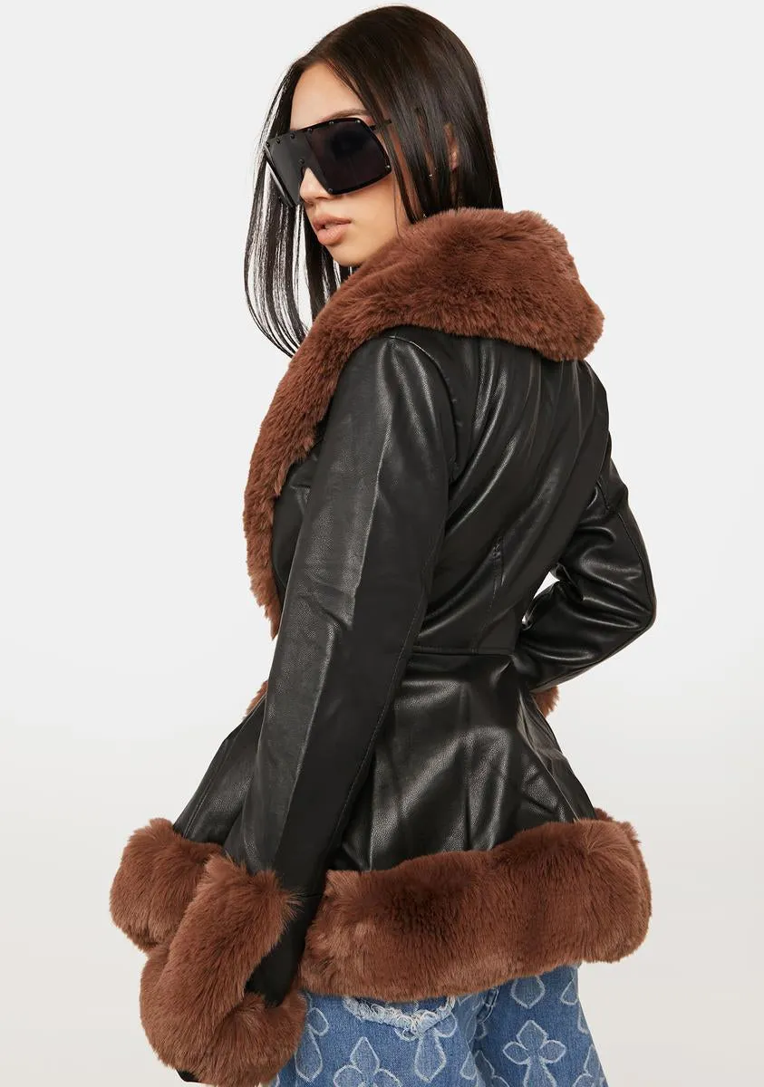 Brown Kenzy Faux Fur Trim Peplum Coat