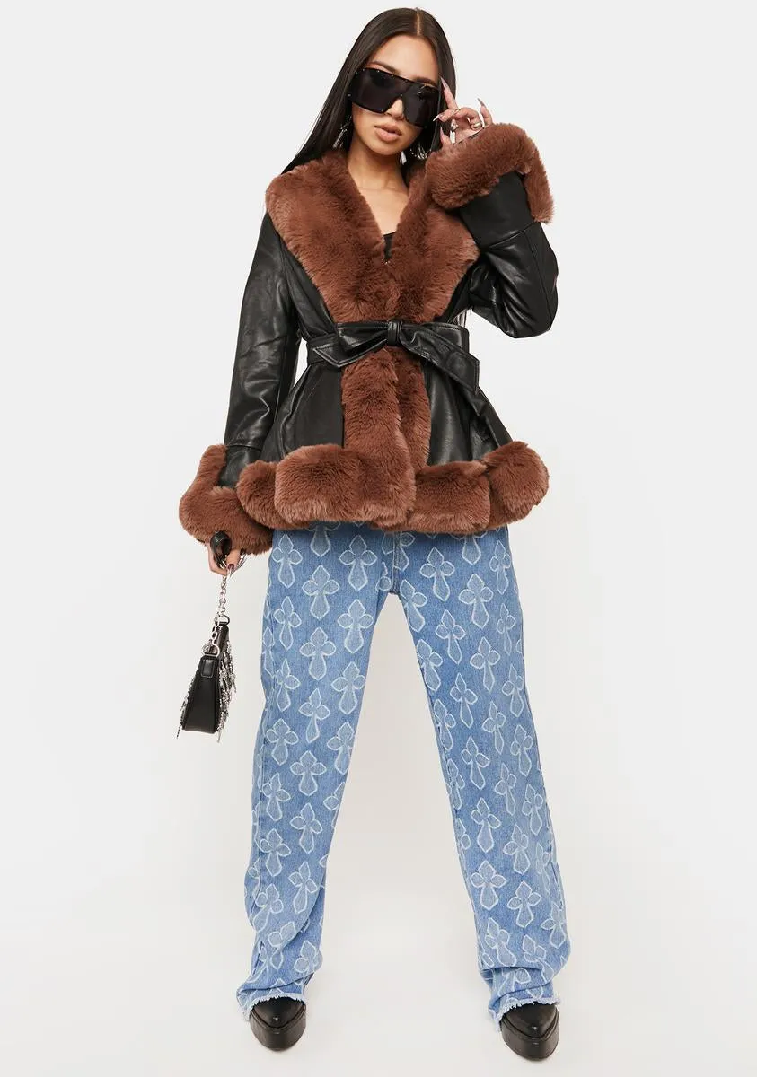 Brown Kenzy Faux Fur Trim Peplum Coat