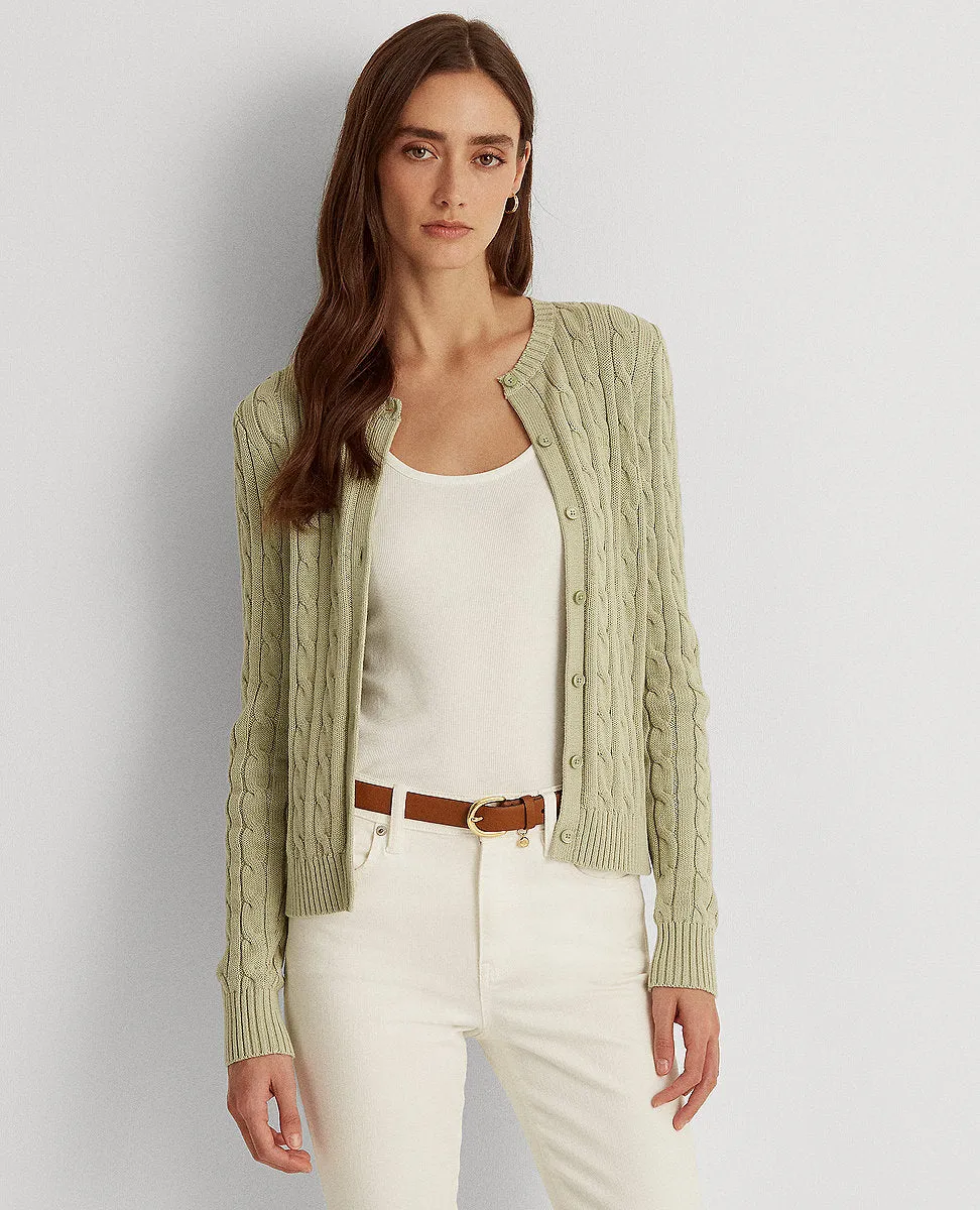 Cable-Knit Cotton Cardigan Sweater In Green