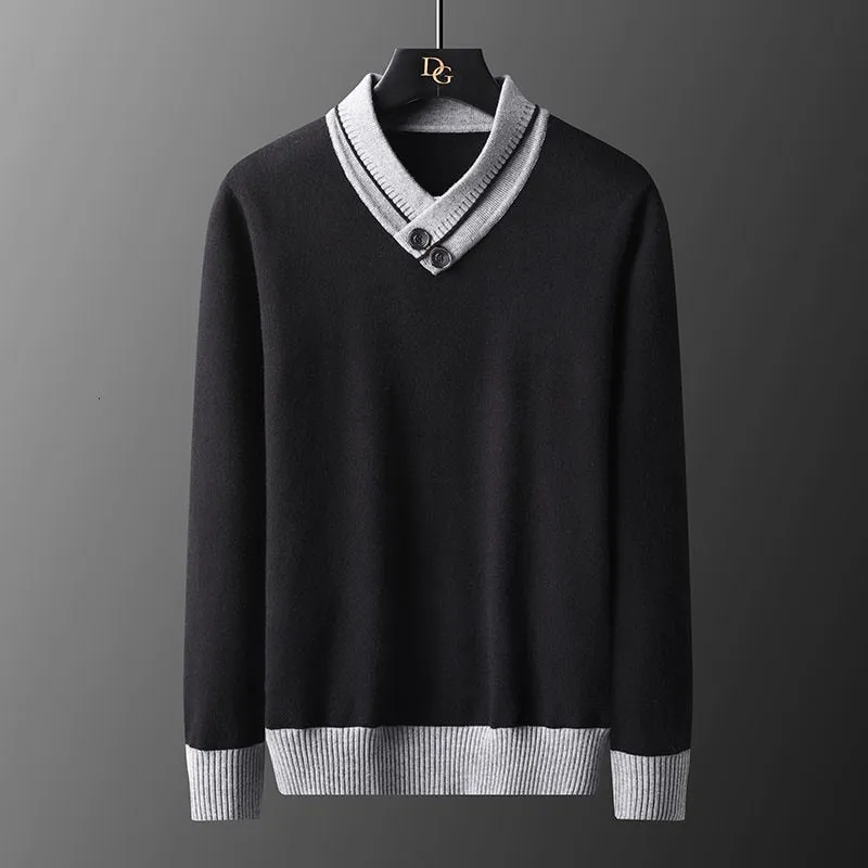 Contrast Collar Two Buttons Decorated Sweater