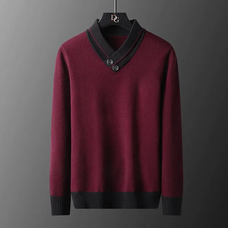 Contrast Collar Two Buttons Decorated Sweater