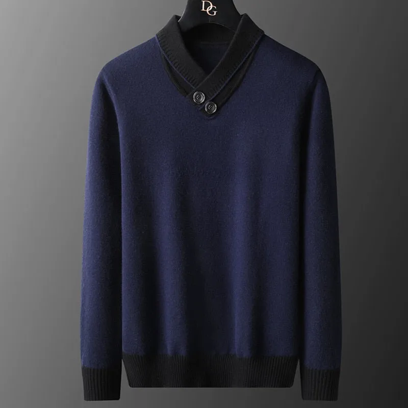 Contrast Collar Two Buttons Decorated Sweater