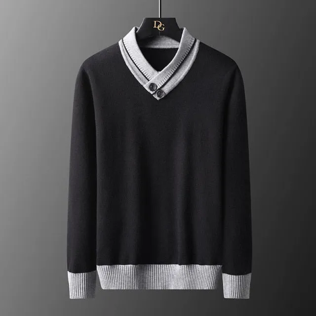 Contrast Collar Two Buttons Decorated Sweater