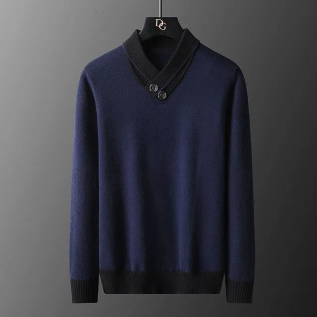 Contrast Collar Two Buttons Decorated Sweater