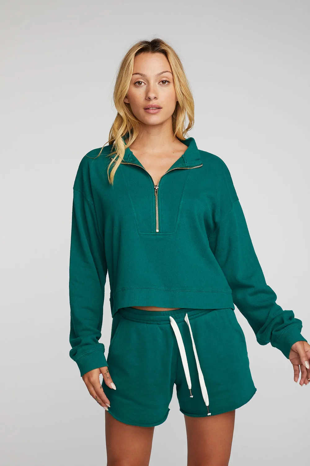 Cotton Fleece Half Zip Up Pullover with Rib