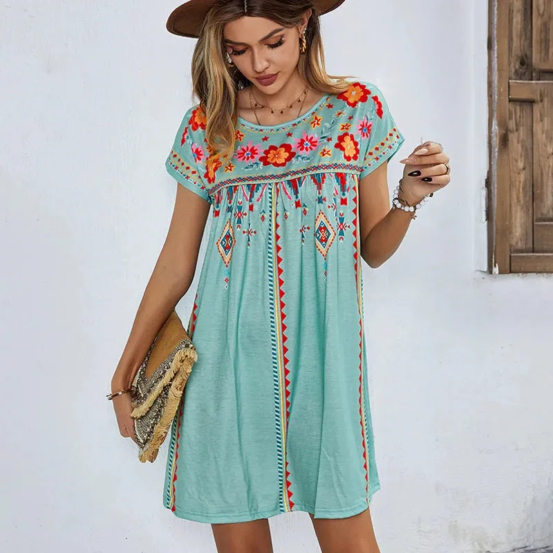 FashionSierra - 2024 Casual O-Neck Vintage Cotton Floral Boho Dress