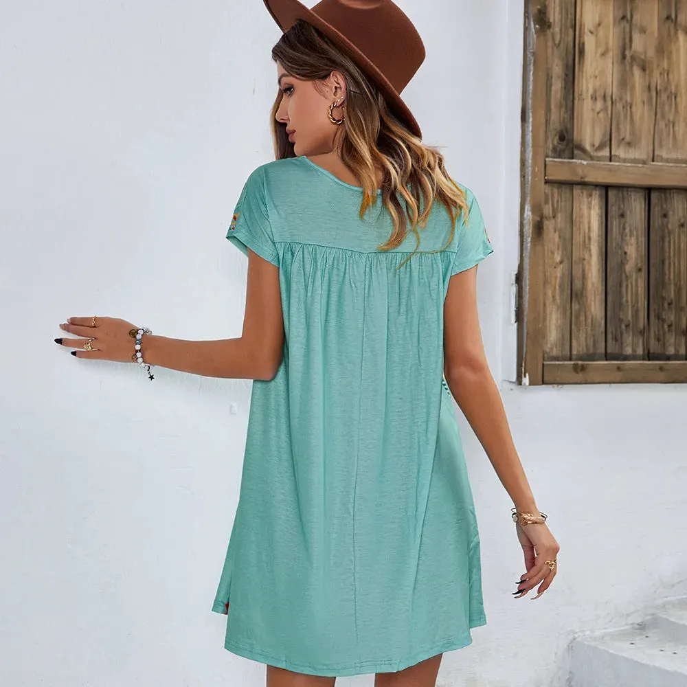 FashionSierra - 2024 Casual O-Neck Vintage Cotton Floral Boho Dress