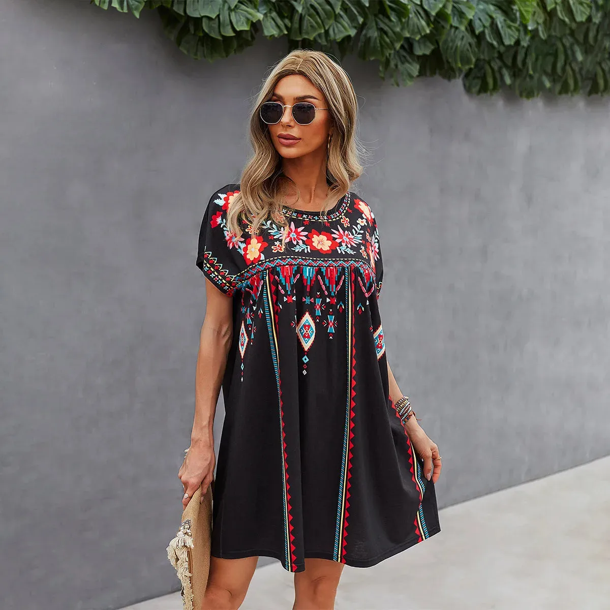 FashionSierra - 2024 Casual O-Neck Vintage Cotton Floral Boho Dress