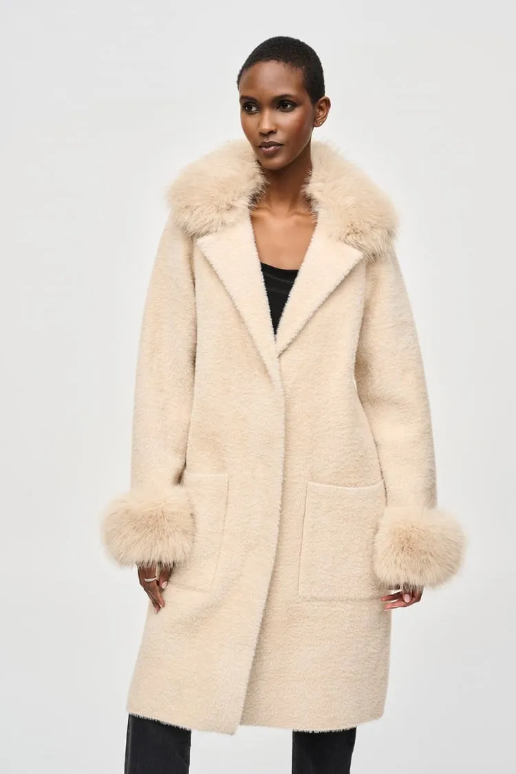 Feather Yarn and Faux Fur Sweater Coat-Champagne