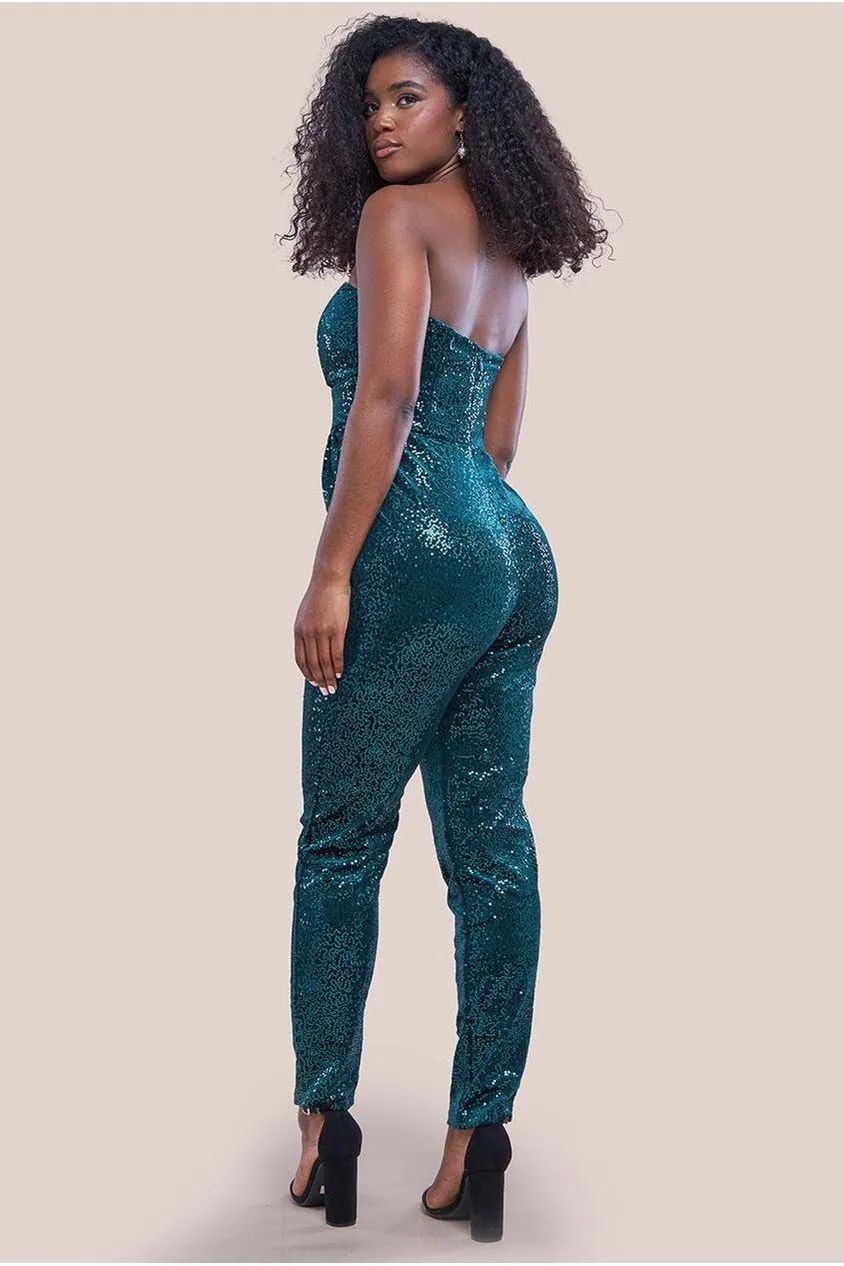 Goddiva Sequin & Velvet Corset Jumpsuit - Emerald Green