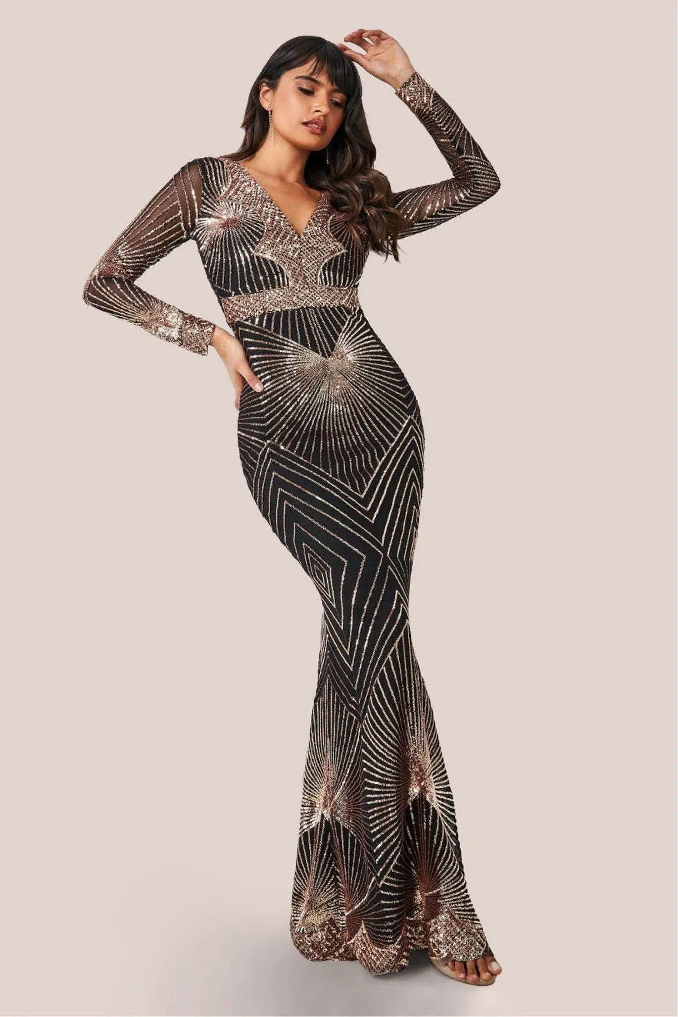 Goddiva Starburst Sequin Maxi Dress - Rosegold