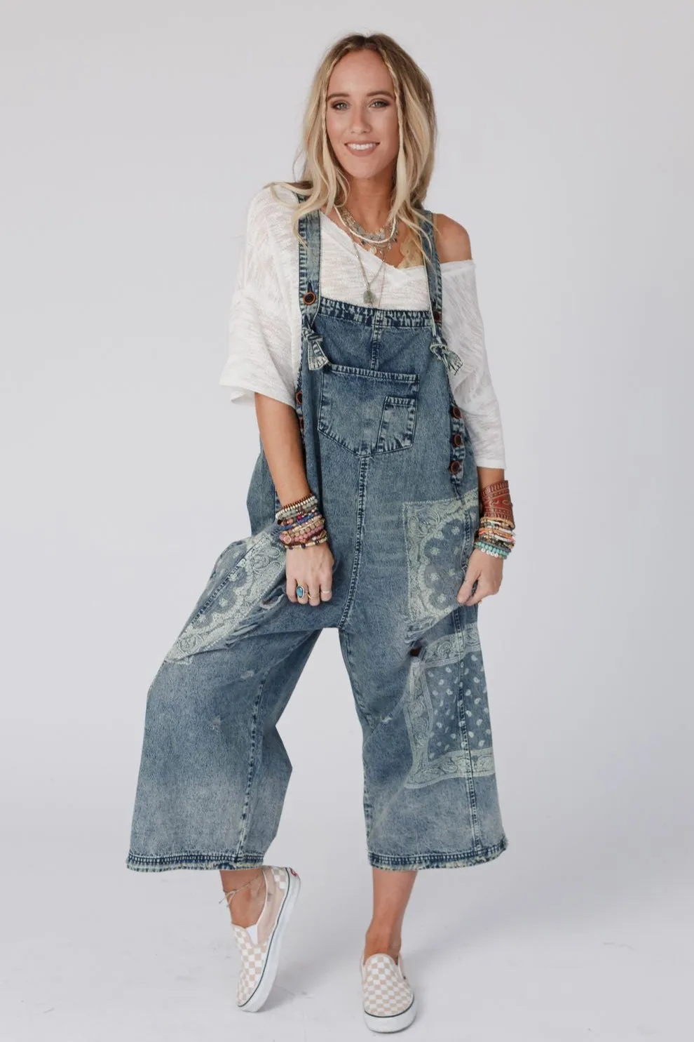 High Hopes Slouchy Denim Overalls - Denim Bandana