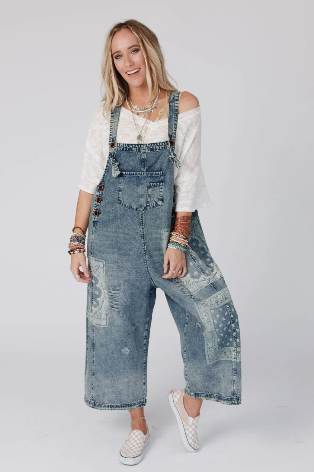 High Hopes Slouchy Denim Overalls - Denim Bandana