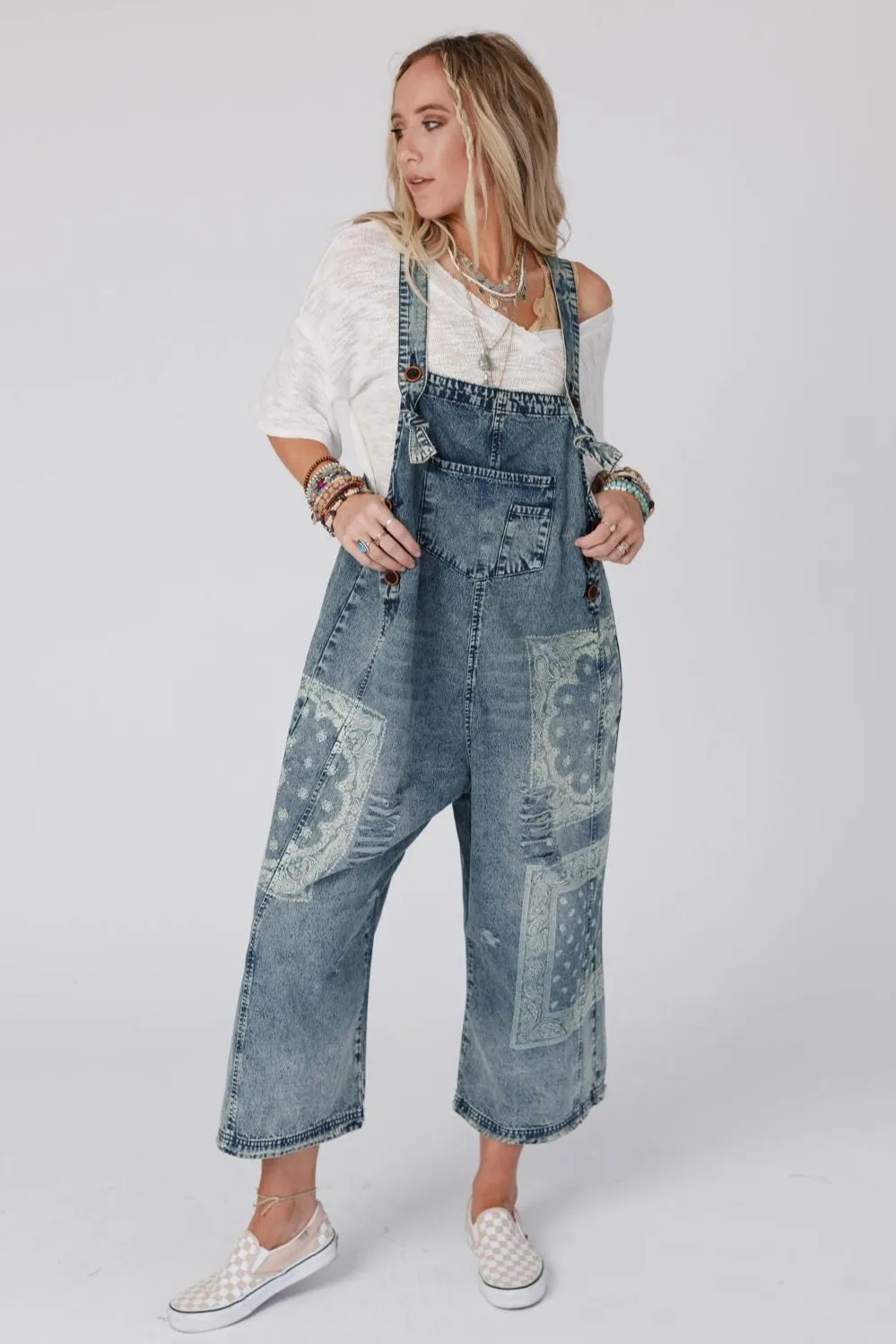High Hopes Slouchy Denim Overalls - Denim Bandana