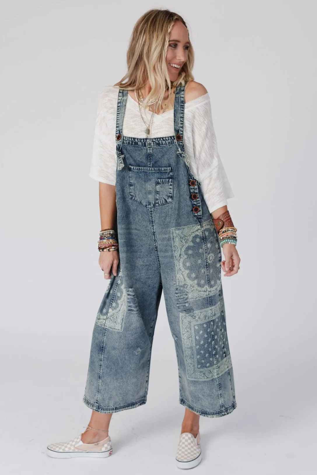 High Hopes Slouchy Denim Overalls - Denim Bandana