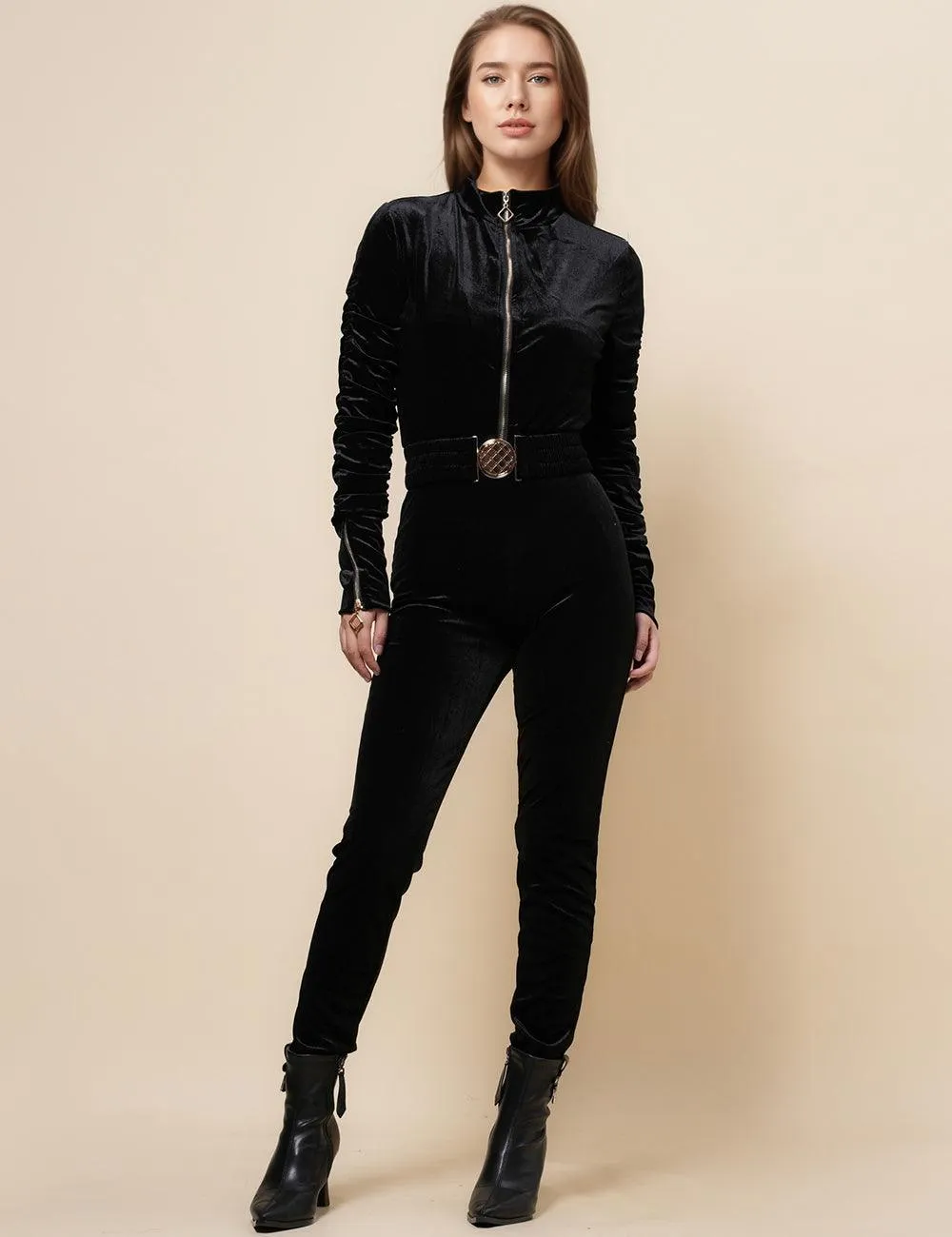 Ladies Velvet Jumpsuit with Golden Elastic Waist Band SKJ4893