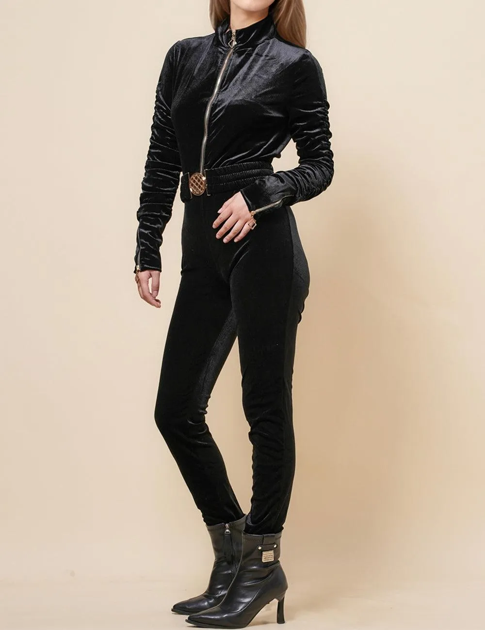 Ladies Velvet Jumpsuit with Golden Elastic Waist Band SKJ4893