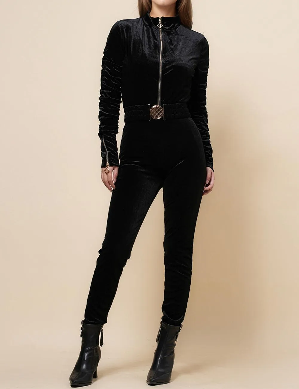 Ladies Velvet Jumpsuit with Golden Elastic Waist Band SKJ4893