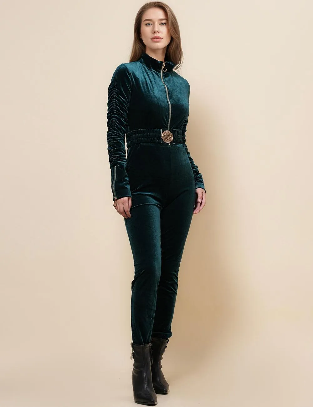 Ladies Velvet Jumpsuit with Golden Elastic Waist Band SKJ4893