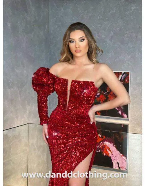 Luxury Evening Dress Maroon Shiny
