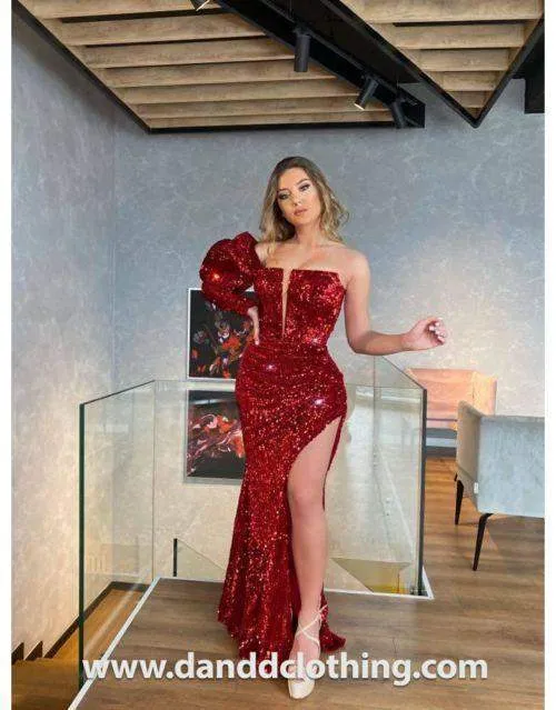 Luxury Evening Dress Maroon Shiny