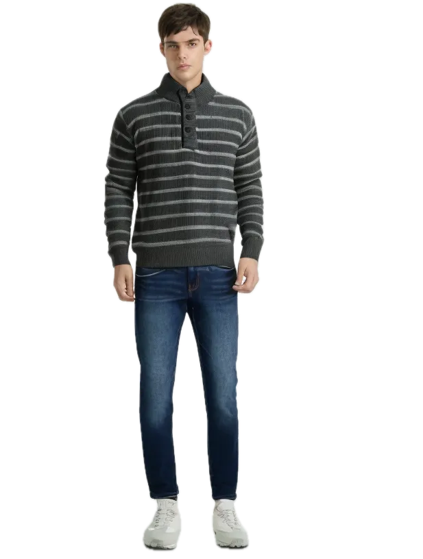 Mens Knit Jumper Button Up Pullover Sweater Knitted Casual Cardigan Warm Winter - Grey - M